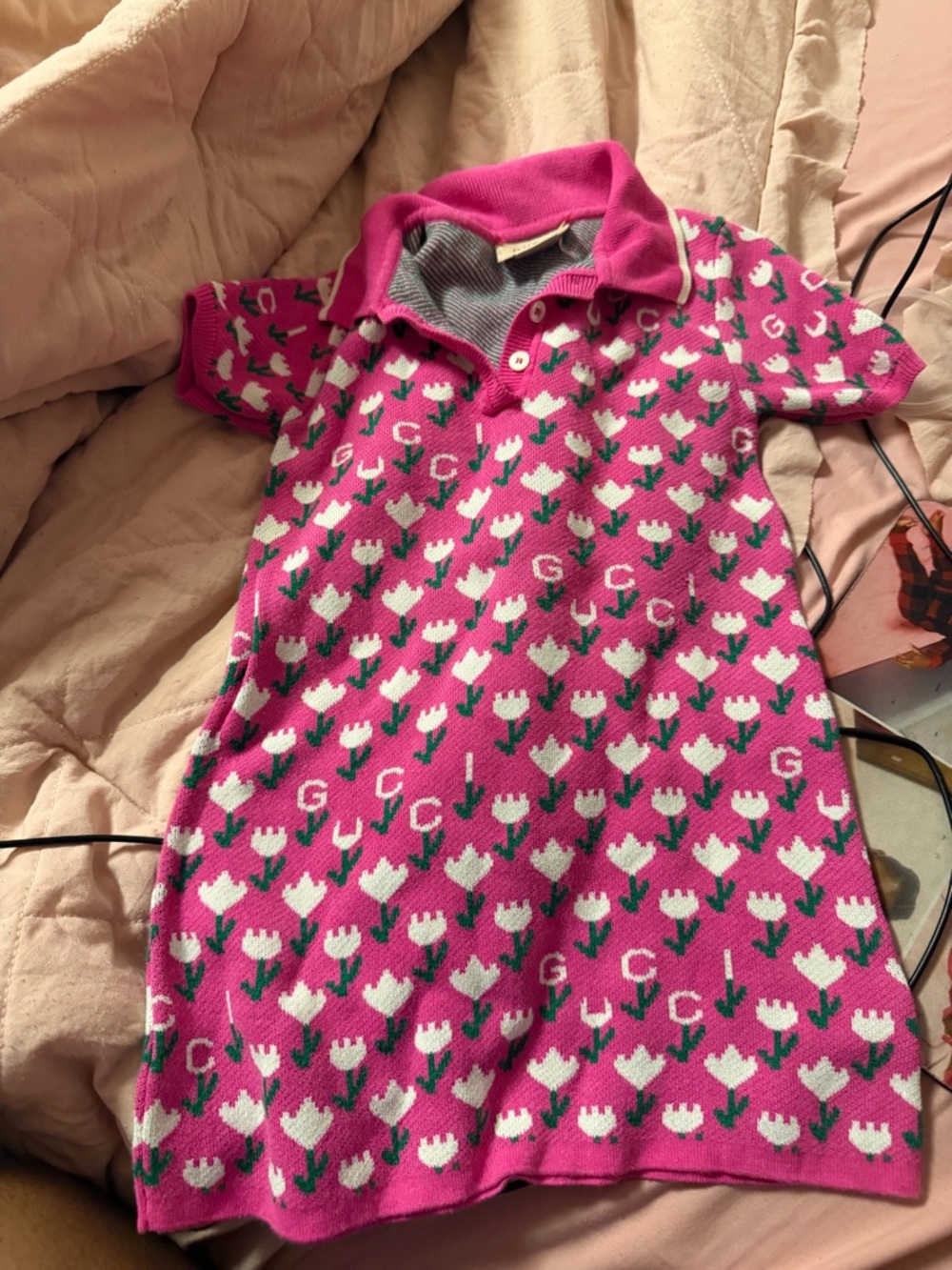 Gucci Pink Floral Polo Dress with White Tulip Motif